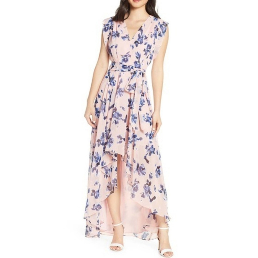 Eliza J Sheer Floral Wrap  High Low Belted Midi Dress